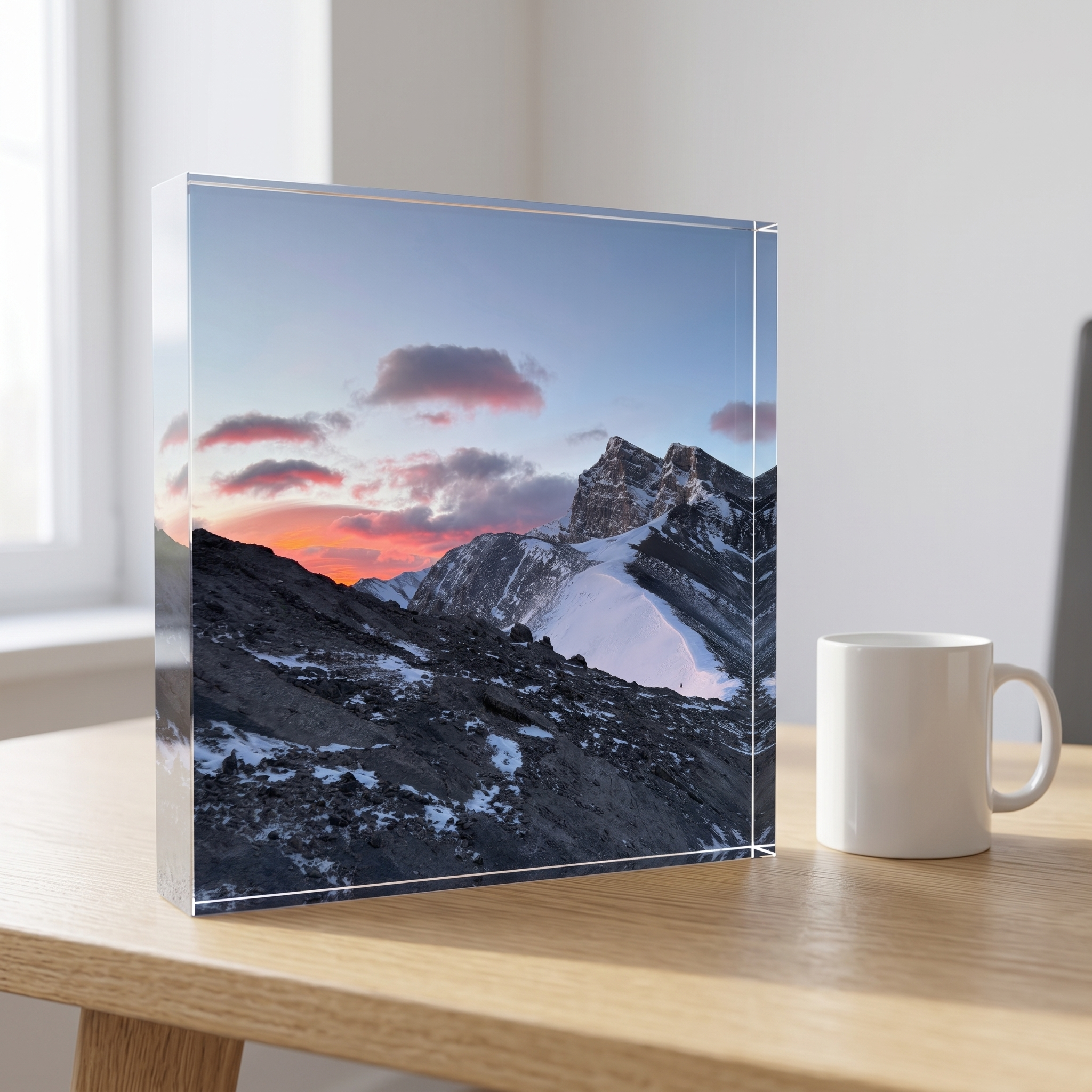 Size 8x8 Square — example render with mug for scale