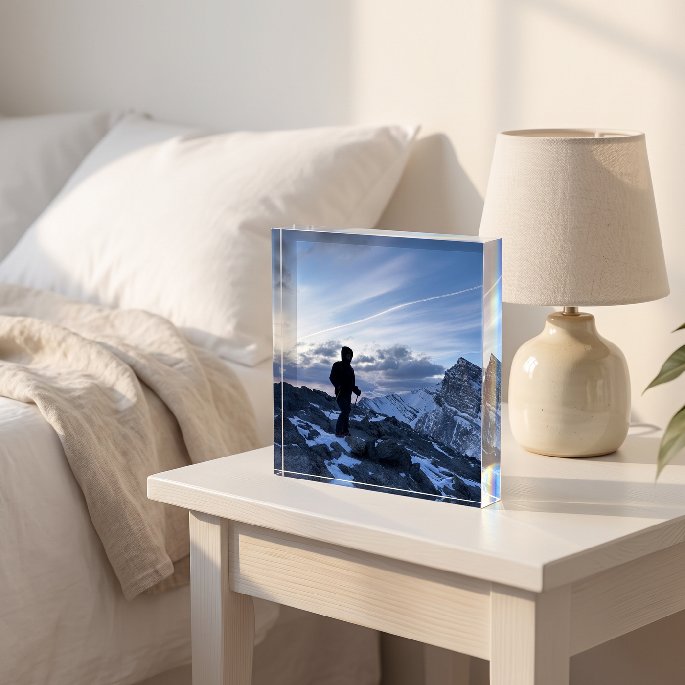 A summit photo printed inside a clear acrylic block, standing on a bedside table