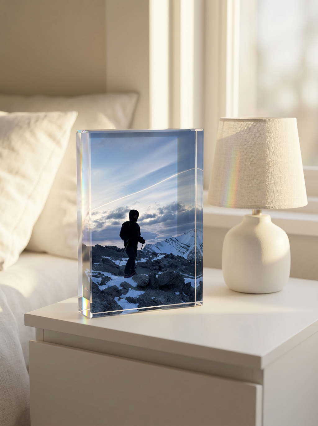5x7 Portrait — bedside table in morning light, example