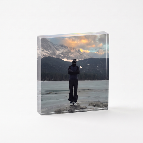 4x4 Square — real hike photo in acrylic block, centered studio example