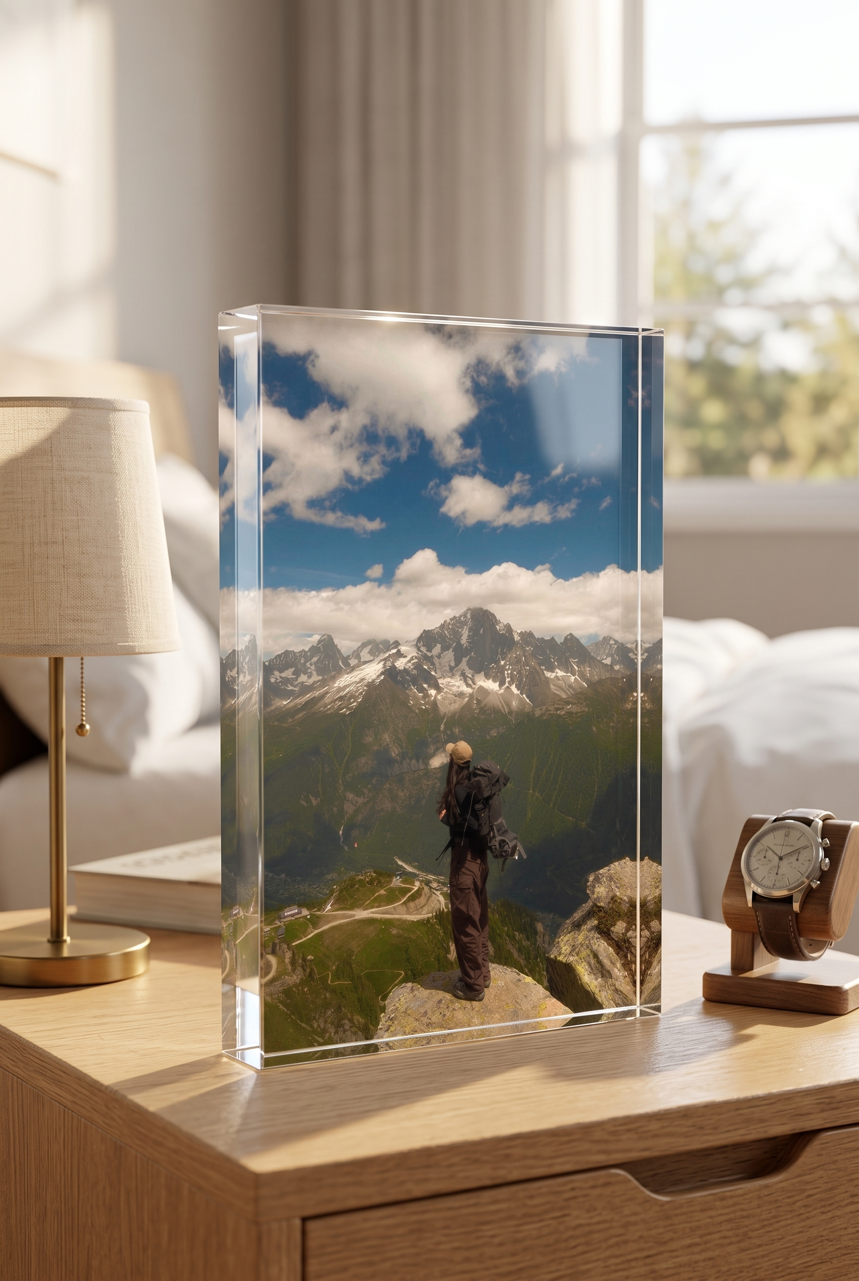 Portrait Summit Display on a bedside table — example render