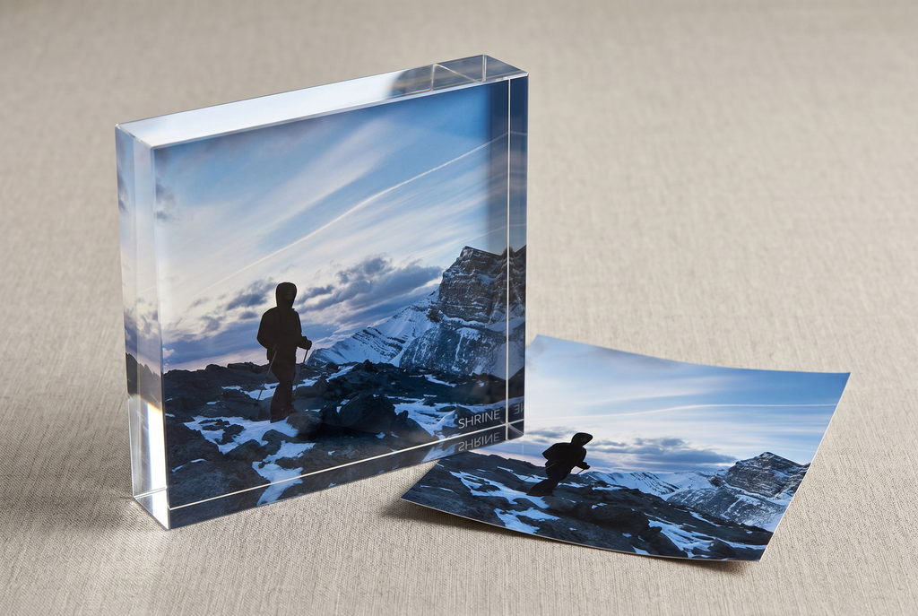 From flat photo print to solid acrylic Summit Display — example render