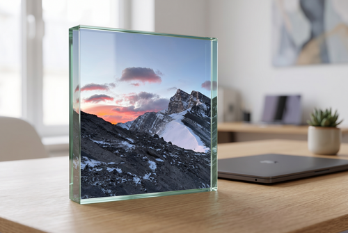 Summit Display acrylic photo block standing on a desk — example render