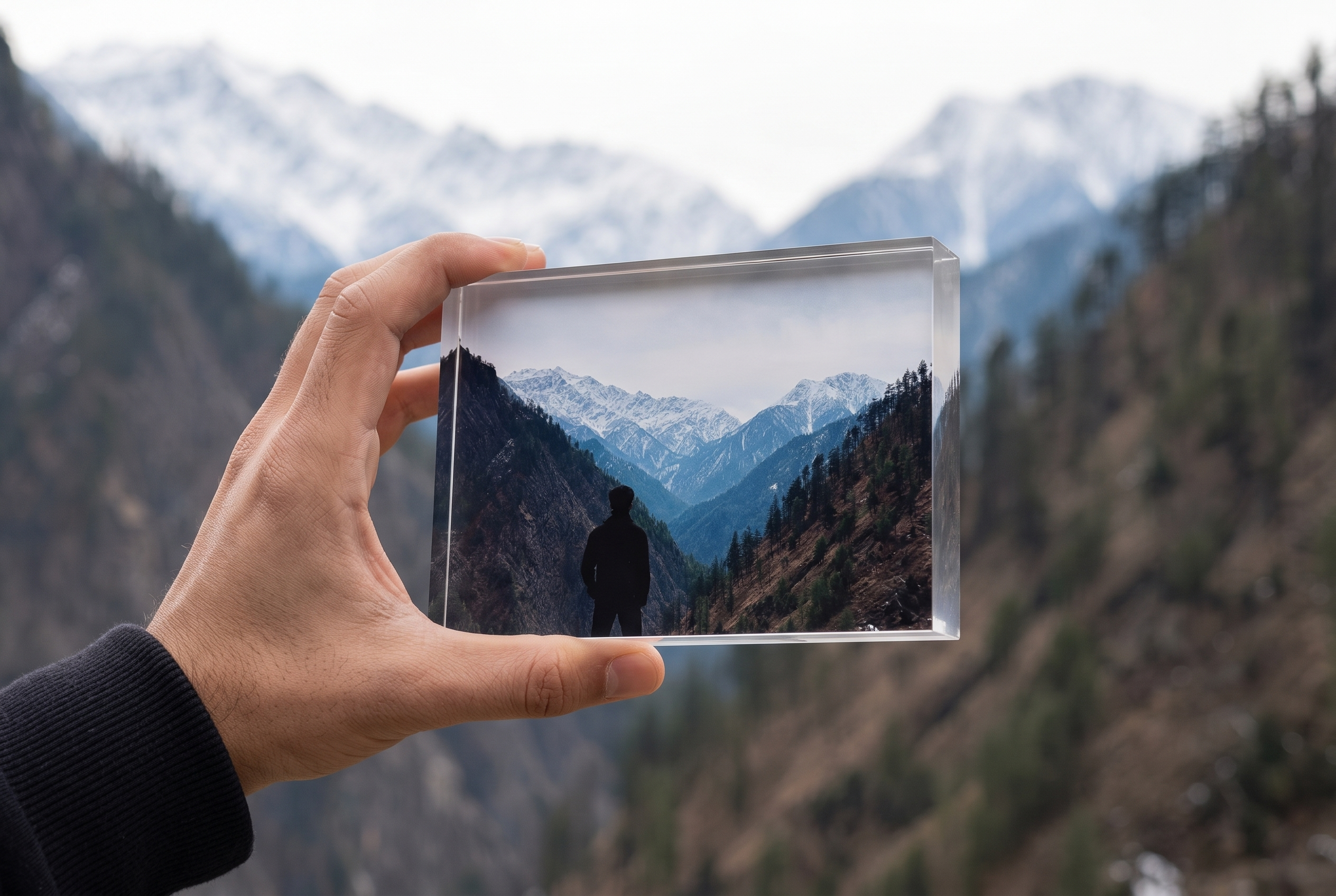 Hand holding a Summit Display acrylic block outdoors — example render
