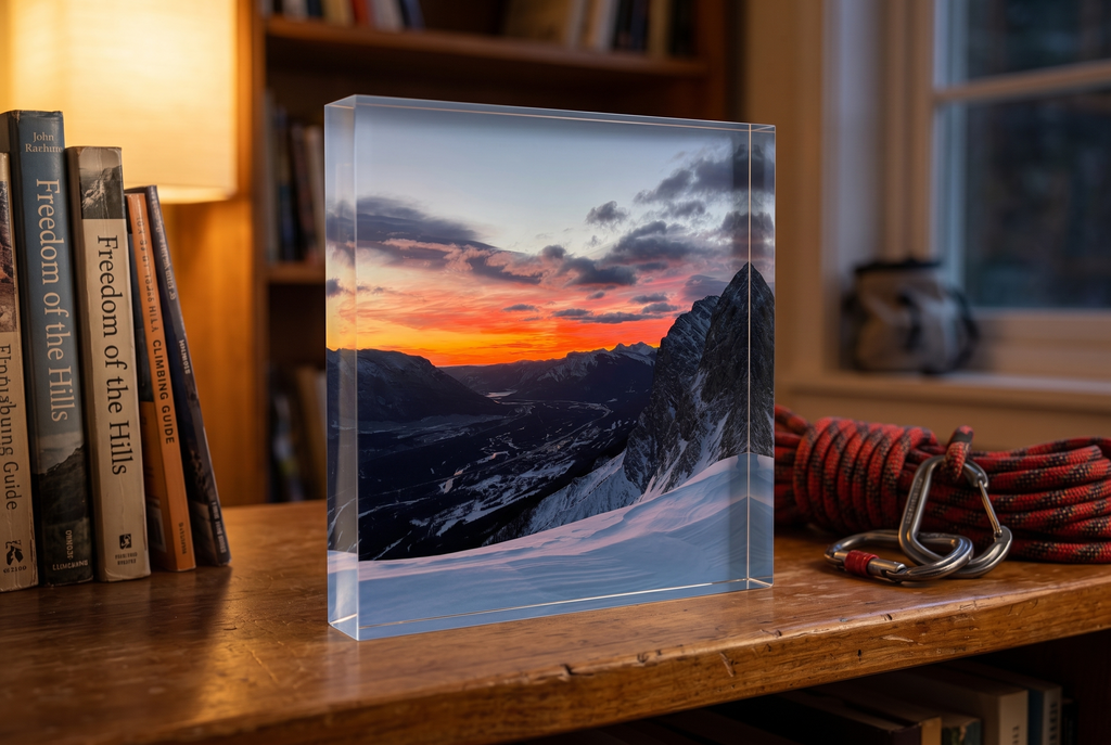 Summit Display on a bookshelf beside climbing gear — example render